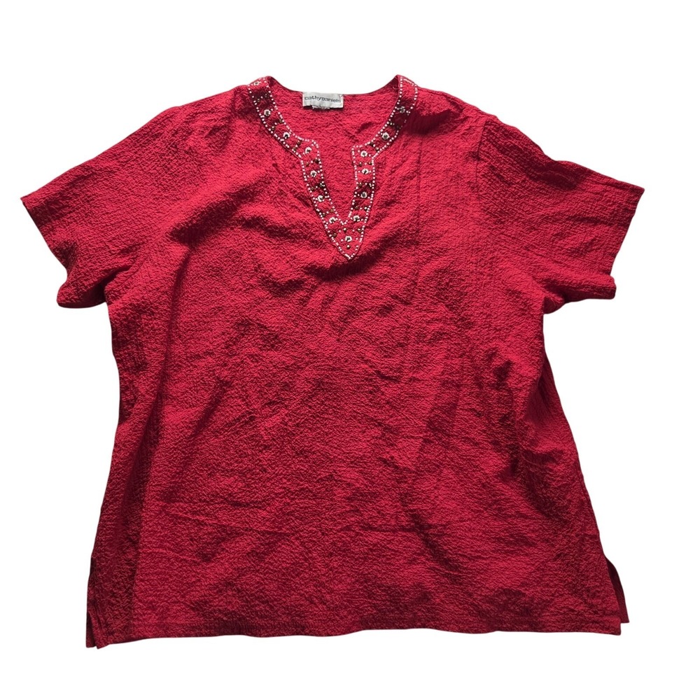 Cathy Daniels Blouse Womens Red V Neck Short Sleeve Crinkle Beaded Tunic Top